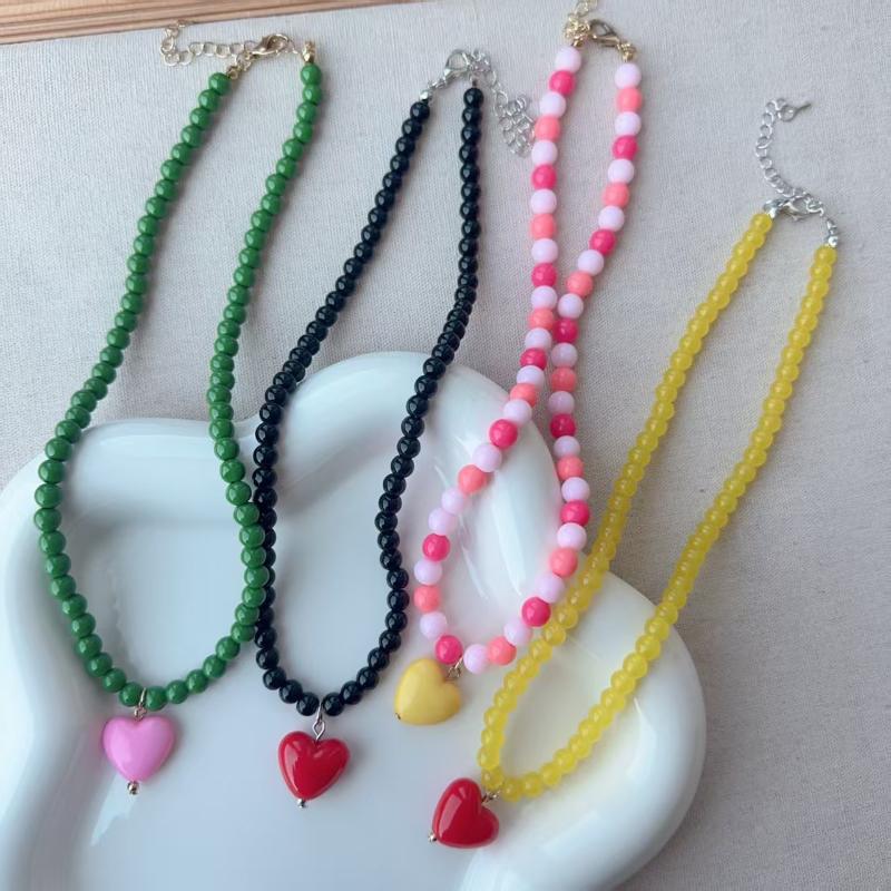 Modische bunte Perlen Herz Anhänger Halskette für Frauen Mädchen Kontrastfarbe Choker Ästhetischer Schmuck Hals Accessoires
