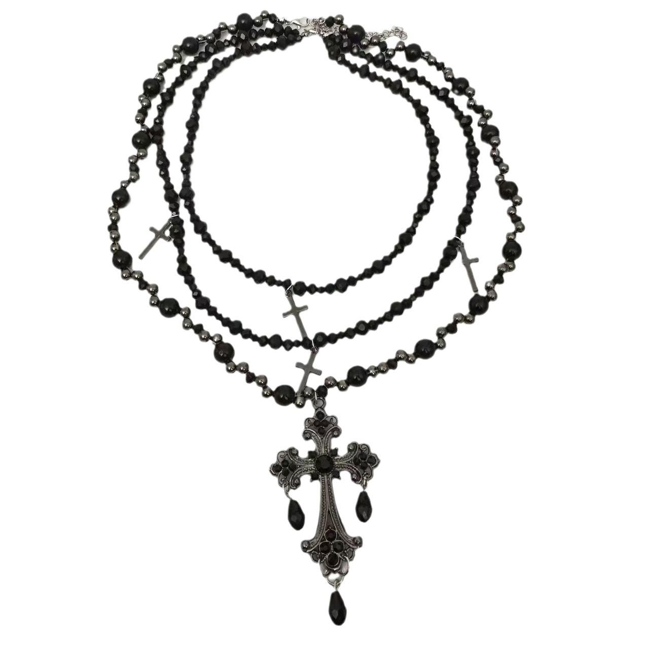

Black punk style diamond-encrusted cross multi-layer beaded collarbone chain fashionable European and American temperament luxury high-end necklace