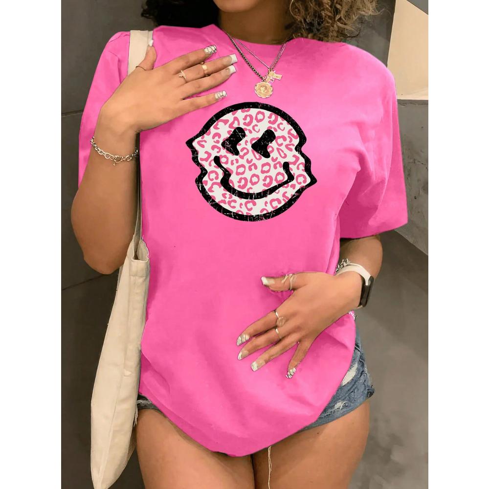 Women's Leopard Print Smiling Face Graphic Round Neck Short Sleeve T-Shirt