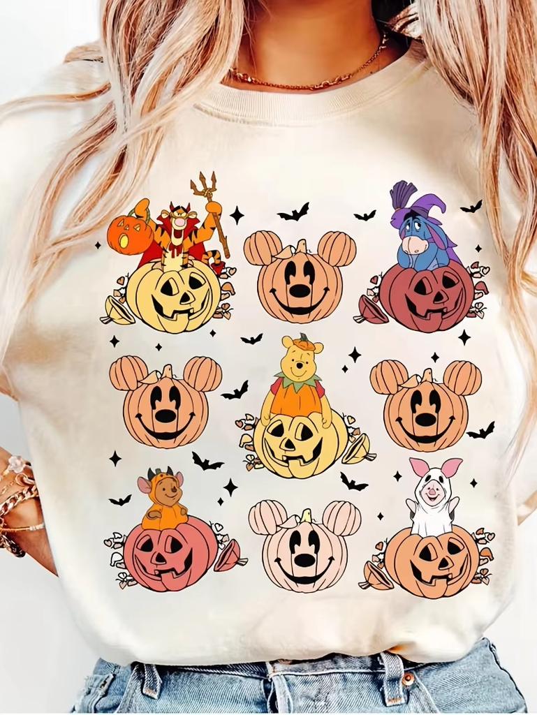 MicHalloween Nightmare on Main Street Mickey Minnie Mouse Ghosts Bats and Pumpkins Casual Breathing Tshirt Women Unisex Top