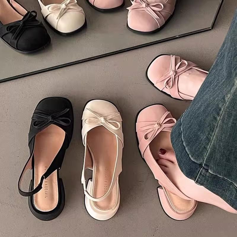 Bow Bag Head Sandals Women's Summer New High Heels Gentle Empty Thick Heel Single Shoes