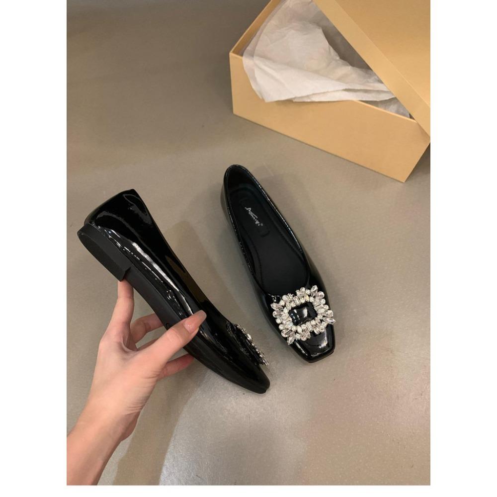 Women's New Square Toe Rhinestone Flat Shoes Comfortable Black Work Shoes for Office
