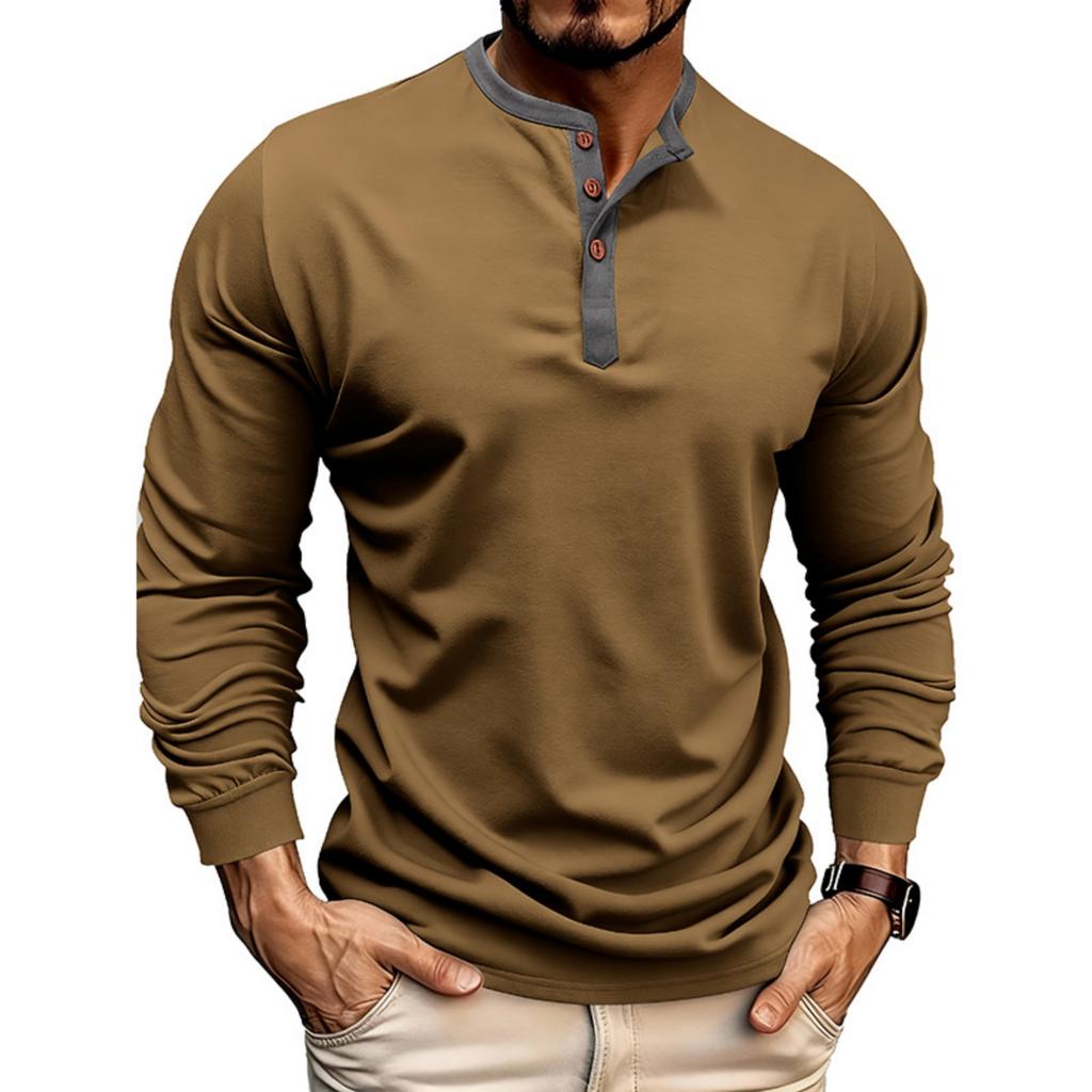 Men's Loose, Casual, Color,blocked Round,neck Long,sleeved Cotton Top