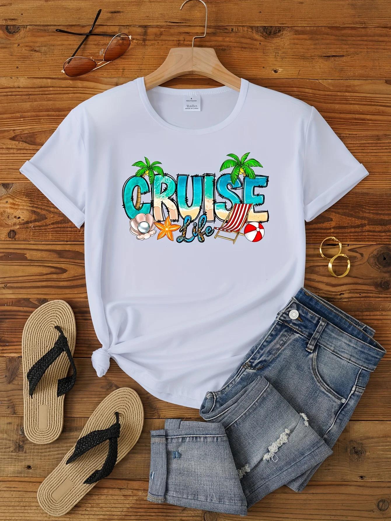 

Cruise Life Print T-shirtShort Sleeve Crew Neck Casual Top For Summer & Spring Women s Clothing women t shirt 4XL