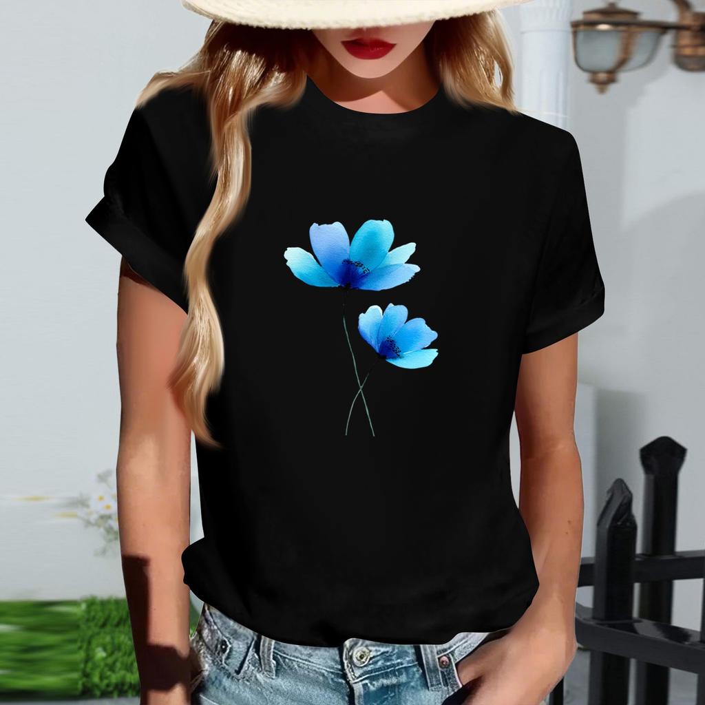 Damen Modisches Rundhals Casual Retro Print Kurzarm T-Shirt Top