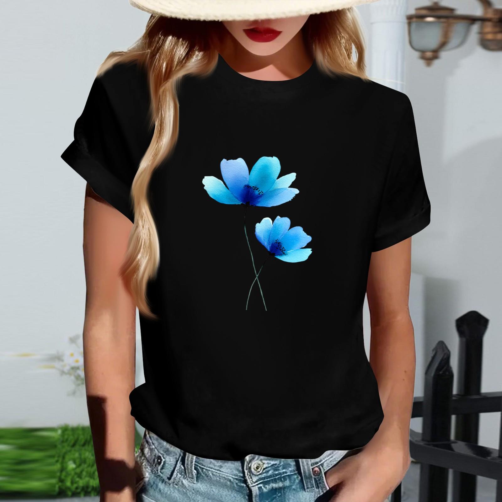 

Women s Fashionable Round Neck Casual Retro Print Short Sleeved T-shirt Top XL чёрный