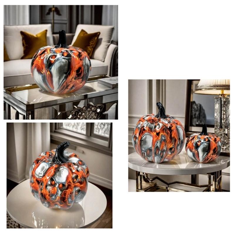 Hall Cabinet Skull Pumpkin Figure with Paint Pattern for Holiday Indoor Shelf Table Room for Mantels Entryway and Home
