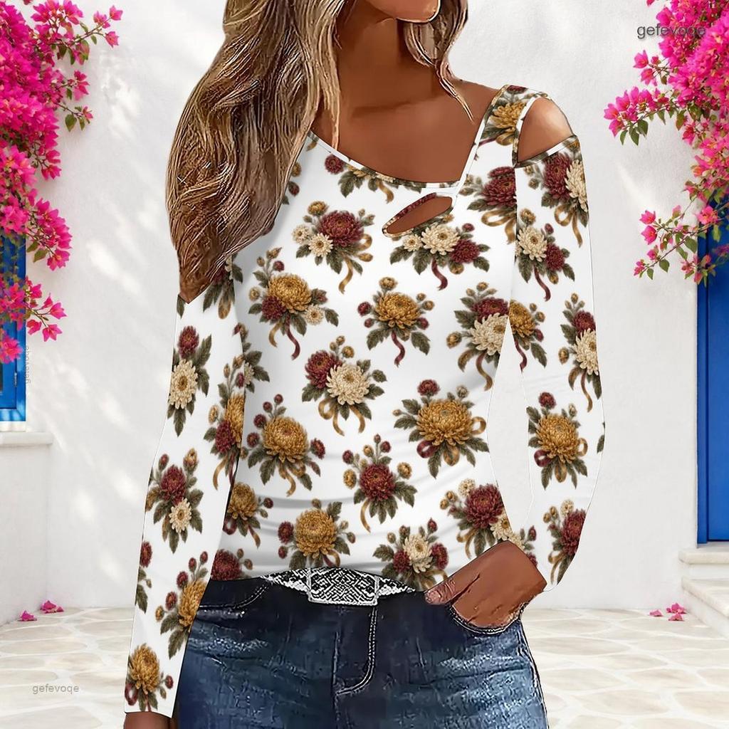 Women Plus Size White Asymmetric Cutout Neck Cold Shoulder Long Sleeve Floral Printed Top