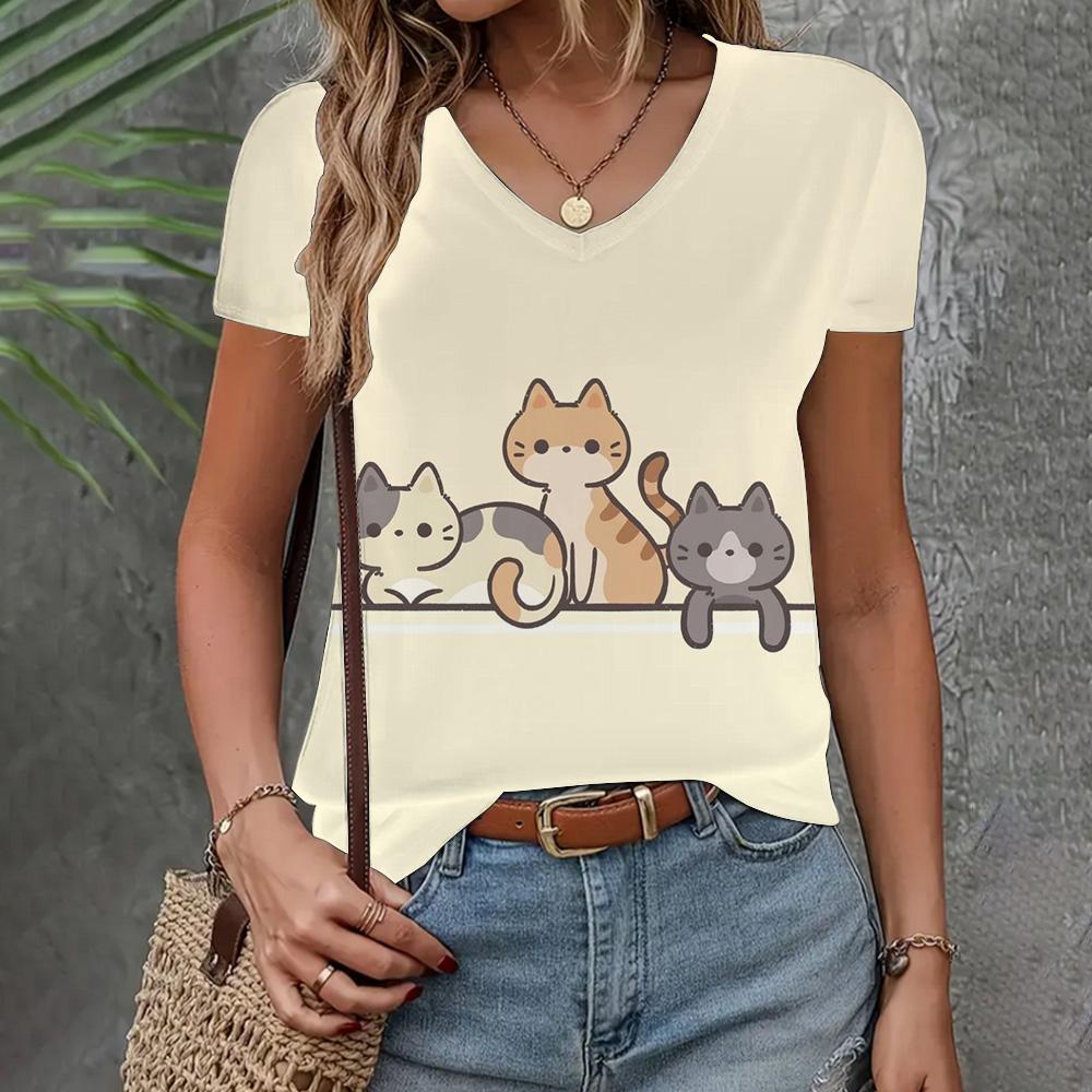 Women's Clothing T-shirt New V-neck Short Sleeve Cat Pattern Fashion Top Summer Loose And Breathable Clothing Women's T-shirt