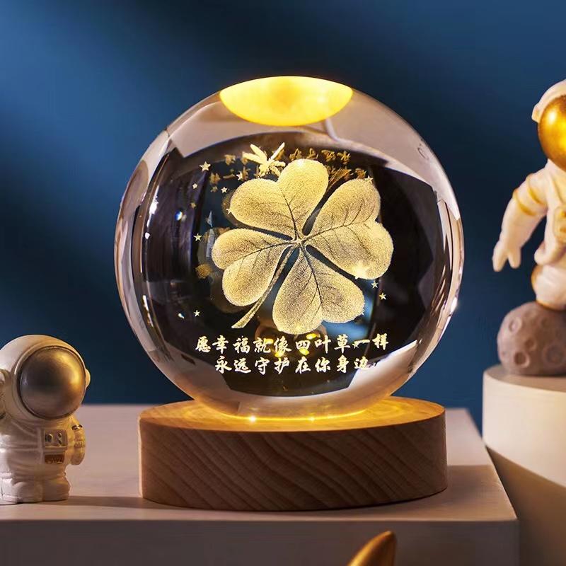Crystal Ball With Wood Stand Laser Engraved 6CM Glass LED Crystal Ball Souvenir Gifts Home Decor Star Moon Night Light