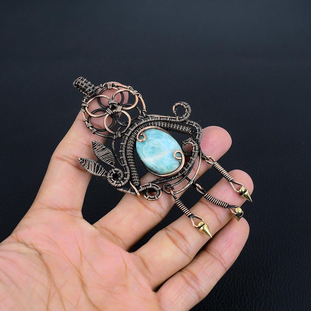 Larimar Pendant Gemstone Jewelry, 999 Copper Wire Wrapped Pendant, Handmade Jewelry Birthstone Pendant, Gift For Him