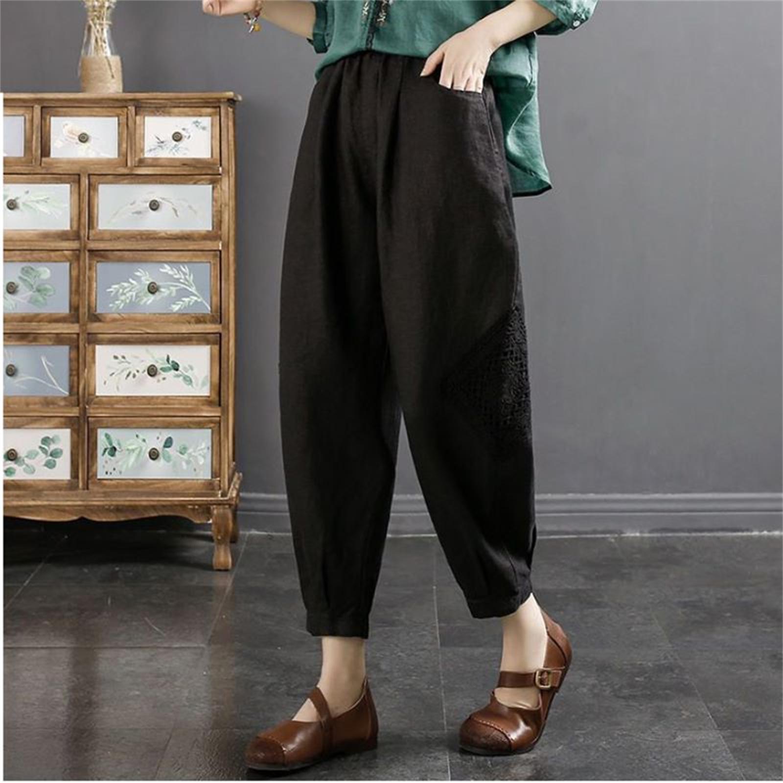 Women s Casual Relaxed Fit Artistic Lace Trim Patchwork Embroidered Cotton Linen Blend Bell Bottom Cropped Pants L