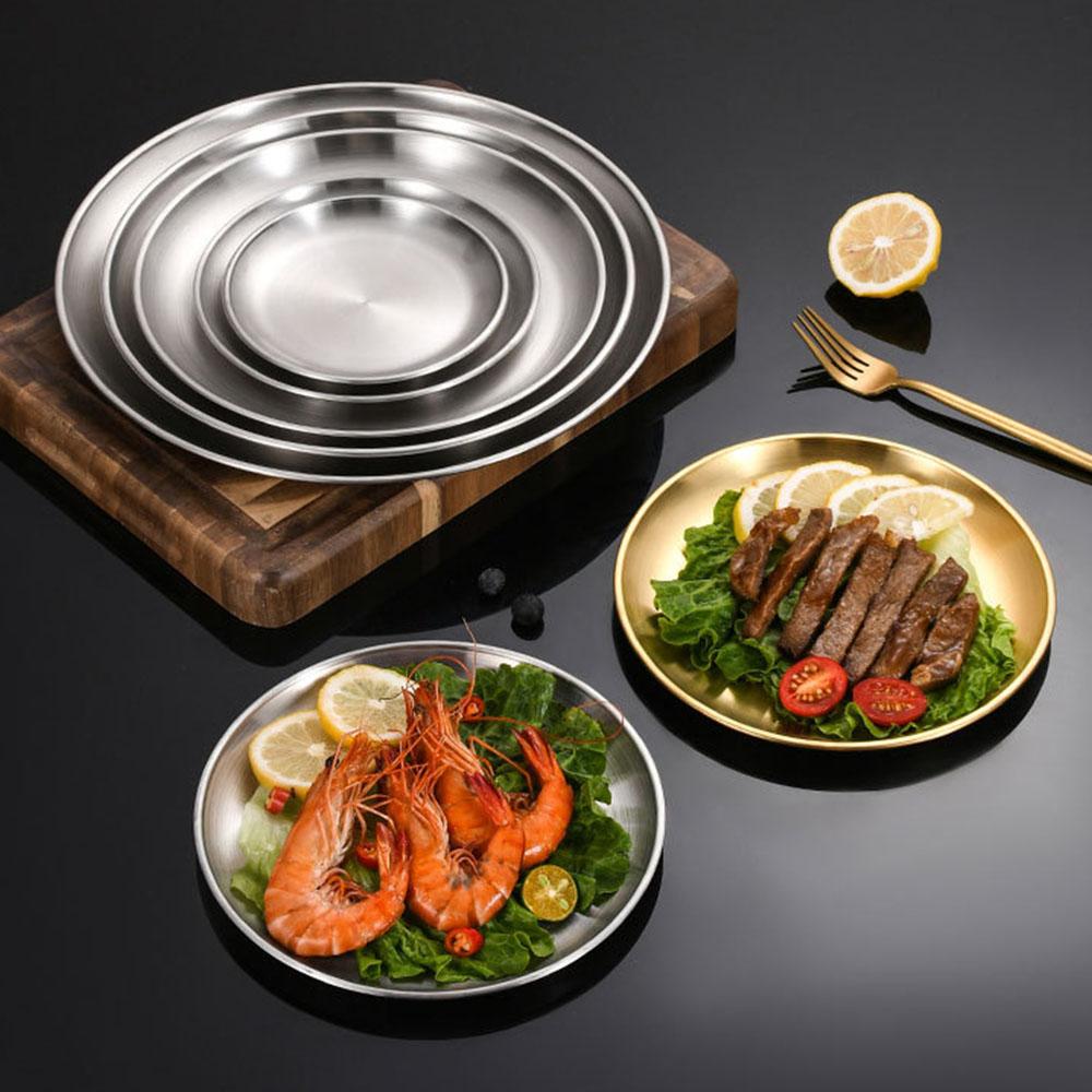 5 Stück/Set Goldene Edelstahl Runde Platte Rostfrei Flache Tablettplatte Campingplatte BBQ Picknick Geschirr Kochgeschirr
