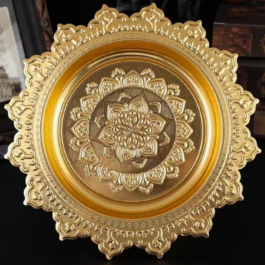 Buddhist-Style Fruit Tray,Alloy Auspicious Engraving Flower Shape Texture Home Cheese Food Plate,Altars Disc Table Decoration