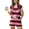 Women Casual Short Sleeve Two Piece Set with Pockets Lightweight Striped Top and Elastic Waist Shorts Summer Outfit