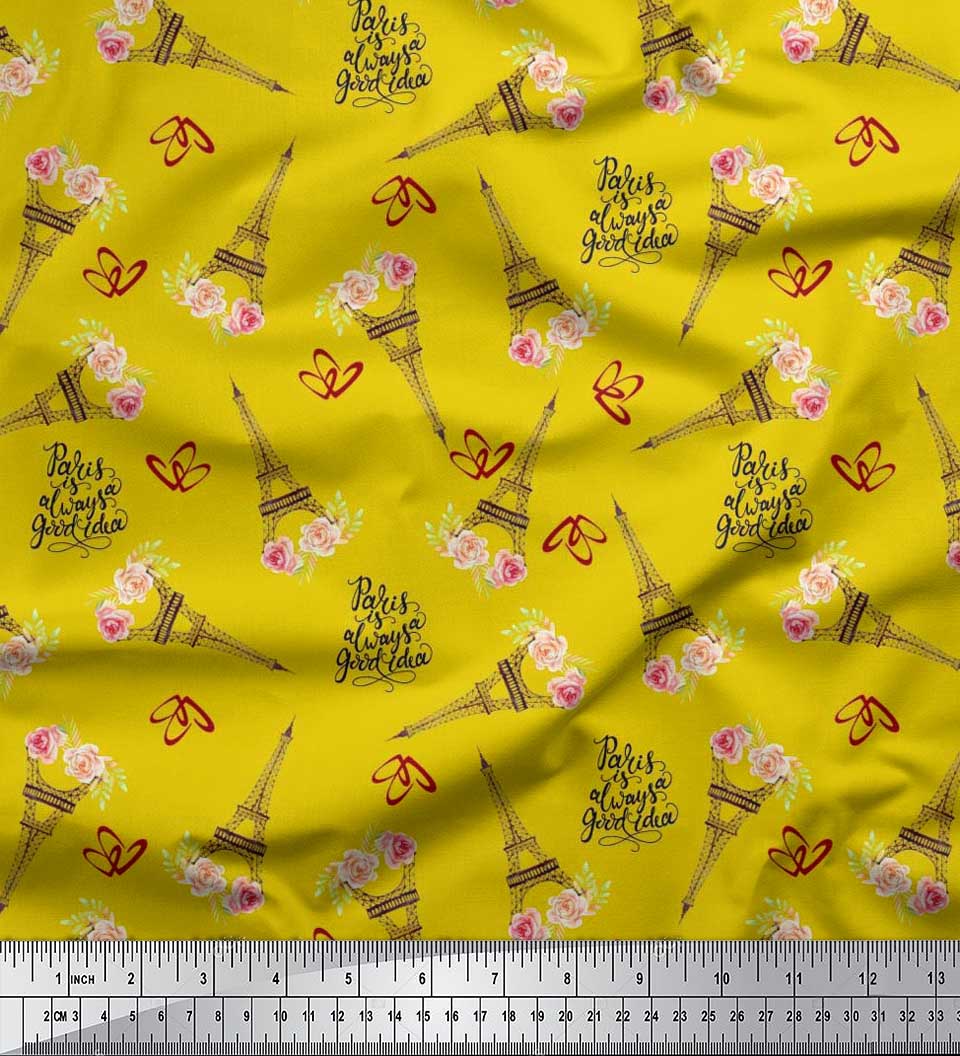 

Soimoi Japan Crepe Satin Text, Floral & Eiffel Tower Architecture Print Швейна тканина метр 42 дюйма 42 Inch Wide - Poly Crepe жовтий