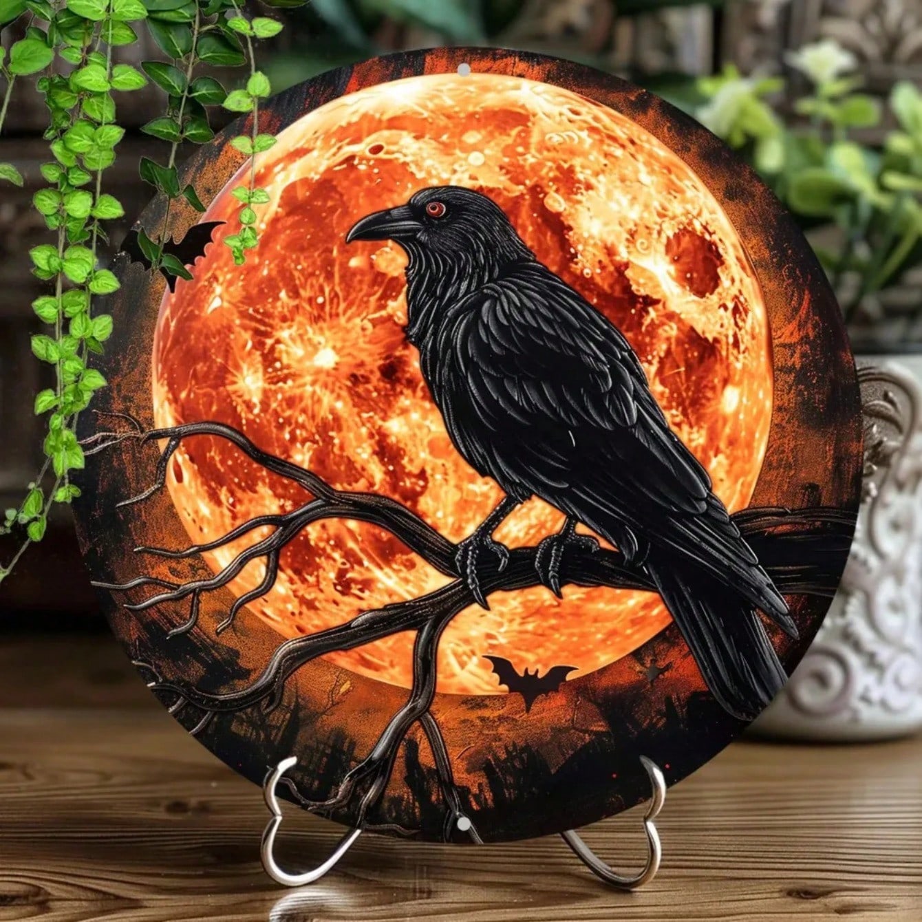 Gothic Halloween Metal Wall Art Crow Red Moon Plaque Party Gift Decor 20x20