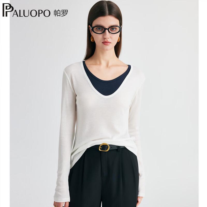 PALUOPO Color-block V-Neck Faux Two-Piece Knit Long Sleeve T-Shirt M
