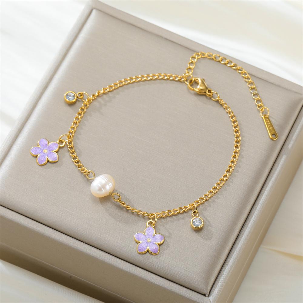 Daisy Flower Enamel Charms Bracelets Girls Imitation Pearl frangipani Plumeria Spring Summer Hand Chain Jewelry Stainless Steel