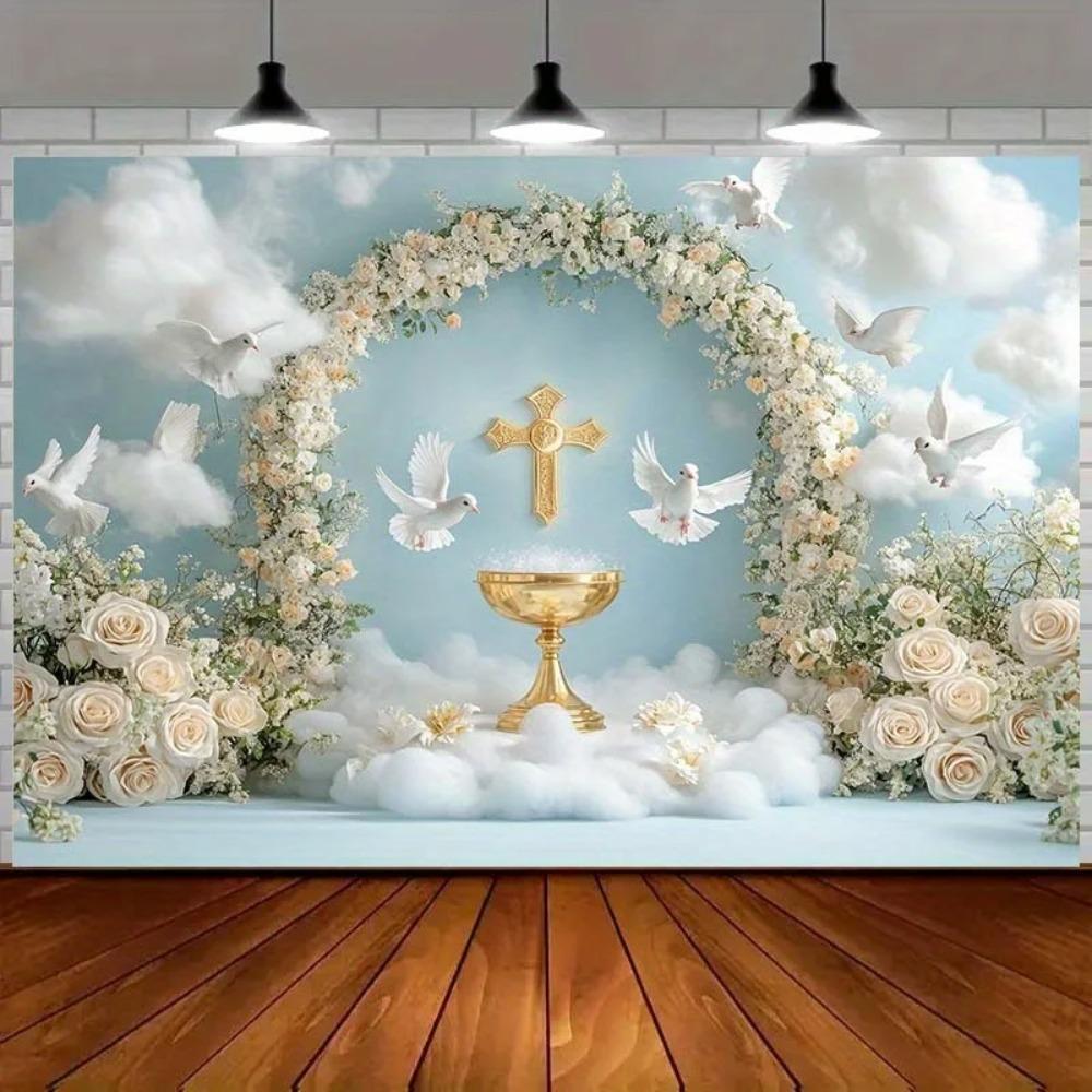 Elegant Religious Golden Holy Grail White Dove Banner Background, Wedding Scene, Birthday Party Decoration Photography Backdrop