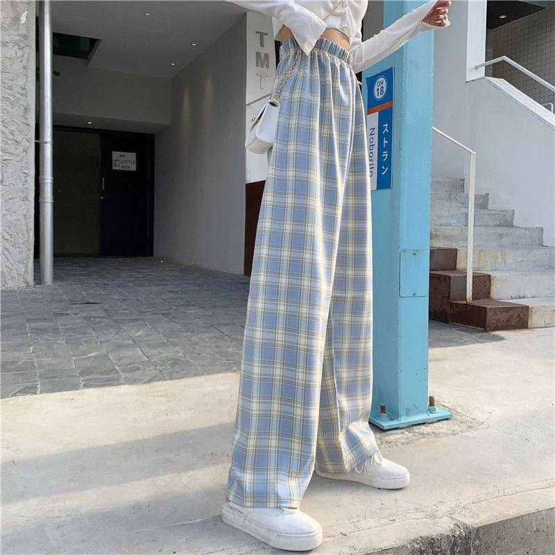 Womens High-Waisted Wide-Leg Plaid Trousers Lightweight Flowy Loose Fit Casual Pants 2026