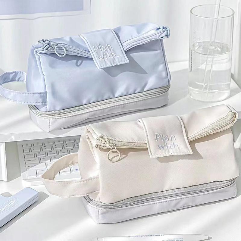 Folding Double Layer Pen Bag Creative Simple Pen Bag Large Capacity Stationery Storage Bag Student Pencil Box Gifts