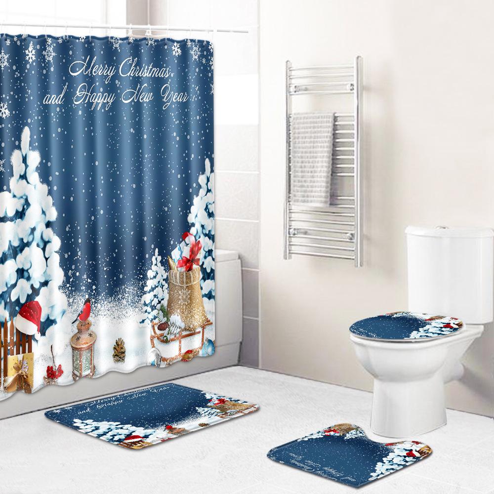 Christmas Shower Curtain Floor Mat Combination Four-Piece Set Bathroom Toilet Carpet Shower Room Mat Foot Mat