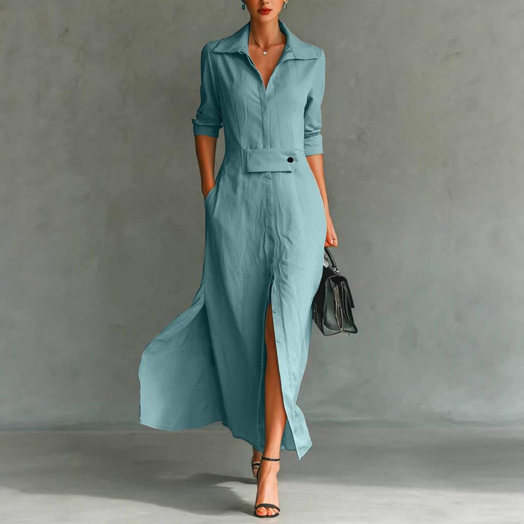 Women's Fashionable Color Lapel Long Sleeved Hem Slit Casual Shirt Dress