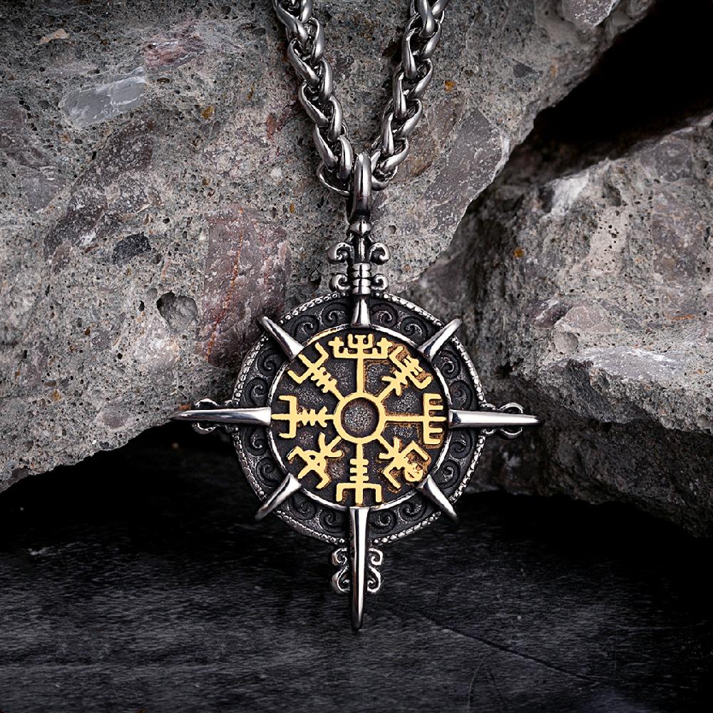 Retro Gold Vikings Compass Necklace Men Stainless Steel Norse Rune Amulet Pendant Vegvisir Jewelry