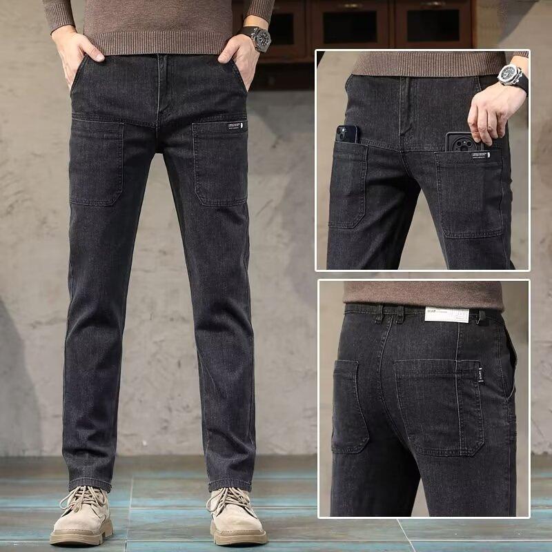 JYL Men's Straight Jeans Spring Elastic Six-Pocket Multi-Pocket Slim Casual Denim