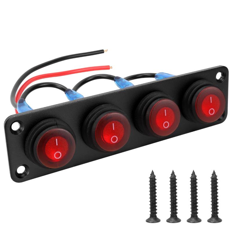 2.Switch Panel 1-6 Gang 12V for Boat, Truck, Automotive: On-Off Rocker Toggle with Red LED Light, Waterproof