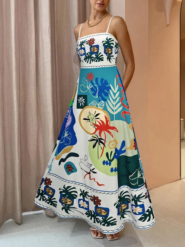 Ethnic style graffiti printing suspender dress women's summer European and American new waist thin pendulum A-shaped long skirt