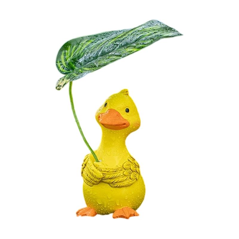 Cartoon Duck Figurine Holding Leaf Resins Ornament Decorative Animal Miniature For Potted Plant Displays And Shelves