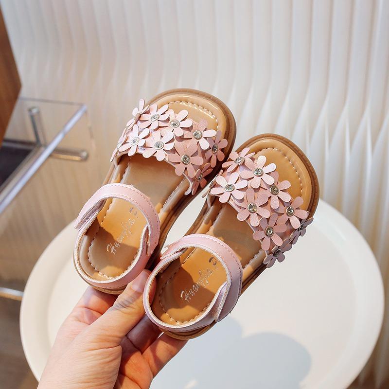Summer girls' flower sandals, Korean style fashionable princess design, baby sandals with anti-slip soft sole, children's sandals.