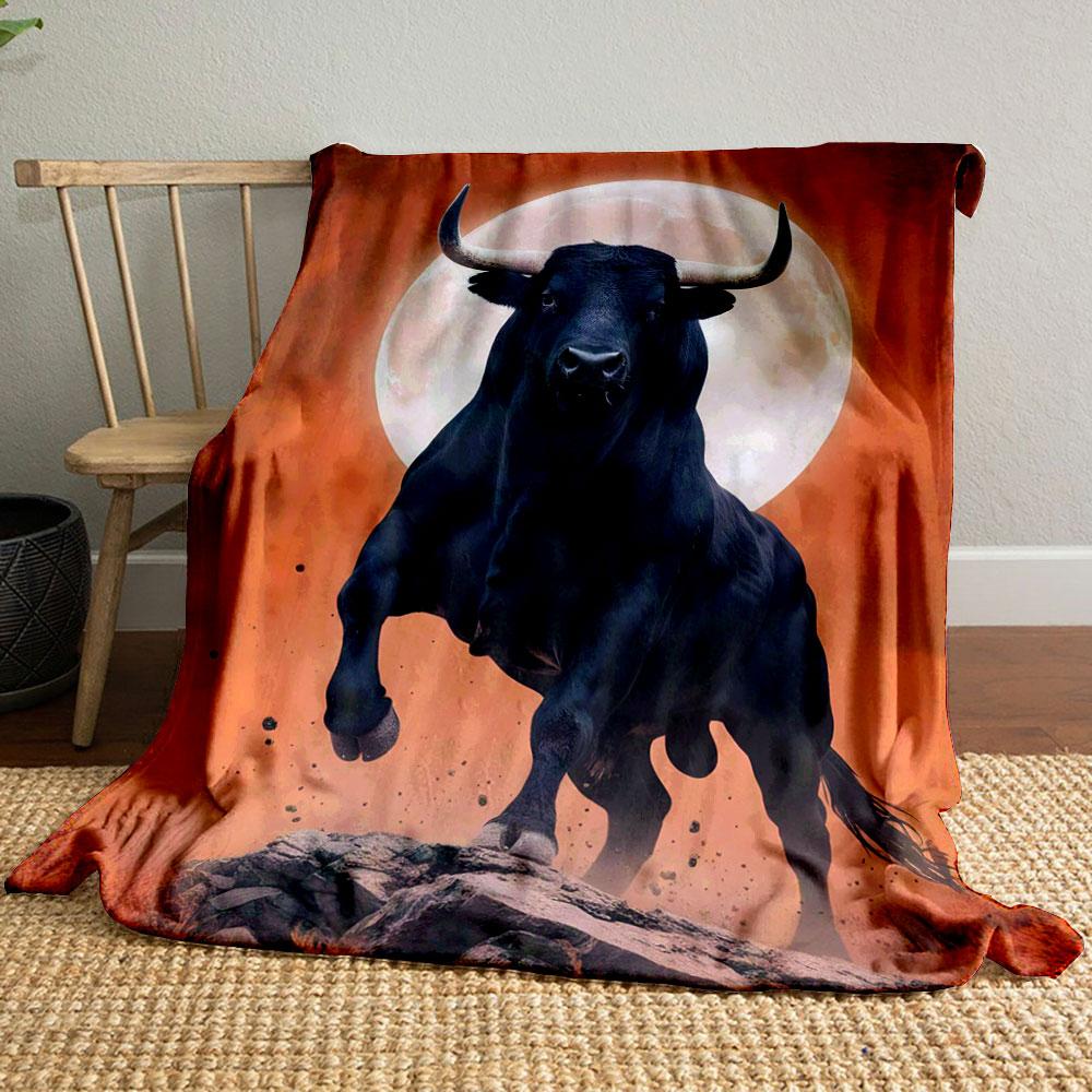 A Powerful Black Bull In Motion with a Full Moon and Orange Background. for All Seasons Blanket Lunch Break Throw Gift