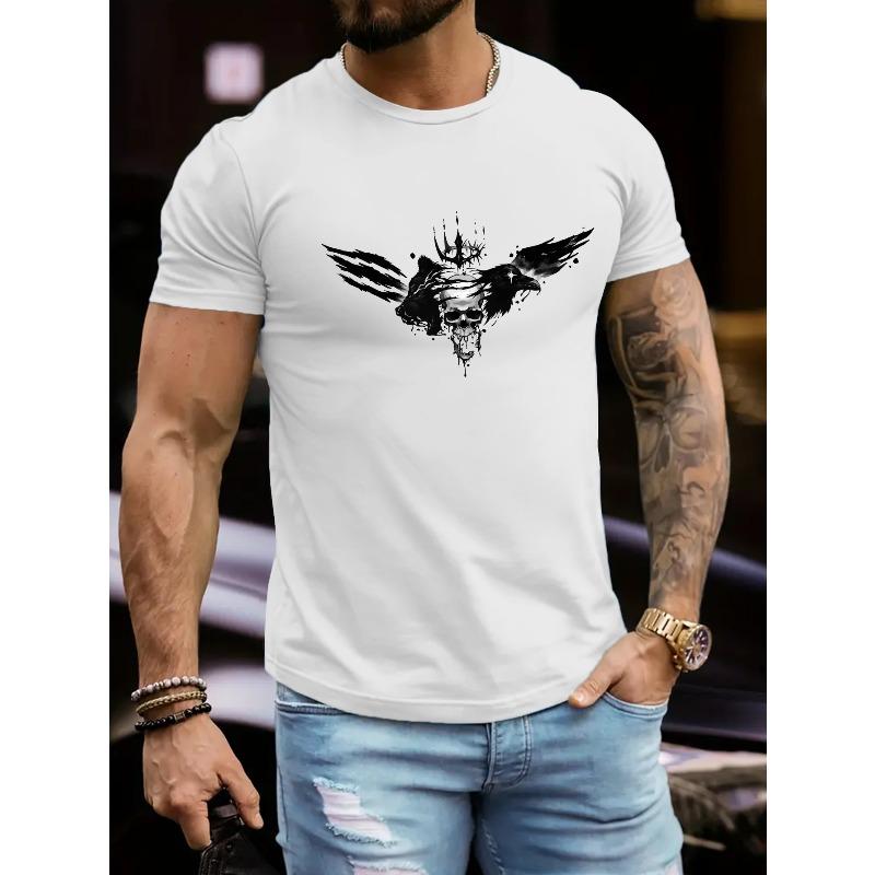 European sizes Skull With Wings Print Men's Crew Neck Short Sleeve T-shirt, Comfy Versatile Tee For Summer Wear