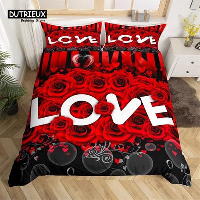 Red Rose Duvet Cover Twin King Romantic Theme Floral Bedding Set Microfiber Love Heart Flowers Quilt Cover For Girl Teen Wedding