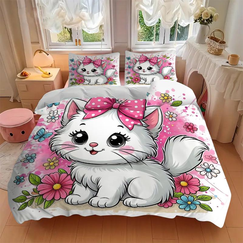 3-teiliges Kätzchen mit Schleife Bettwäsche-Set - Weich und Gemütlich für Schlafzimmer, Gästezimmer und Wohnheim Dekorative Bettwäsche 3-teiliges Set 1 Bettbezug + 2 Kissenbezüge