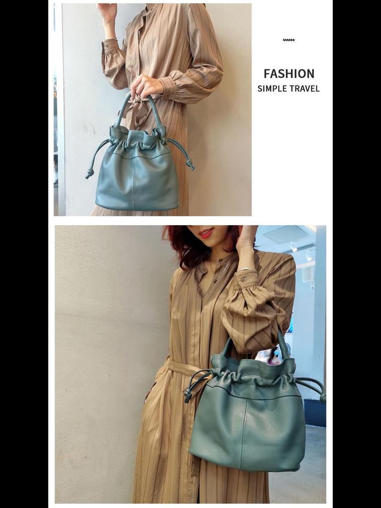 Women's Classic Fold Leather Bucket Bag: New Style, First Layer Cowhide, Trendy Solid Color Handheld Design