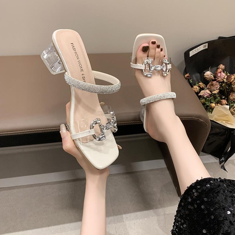 

2024 foreign trade summer new European and American style versatile one-word fashion women s large size thick high-heeled slippers 35
