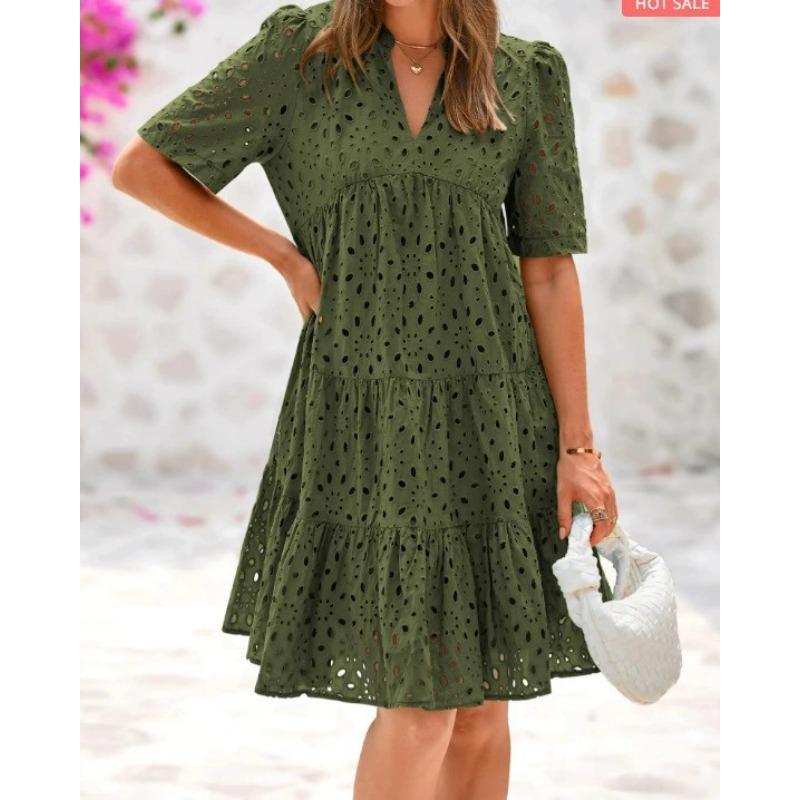 Short Sleeve Women's Beach Vacation Skirt V-Neck Hollow Lace Dress A-Sense Skirt