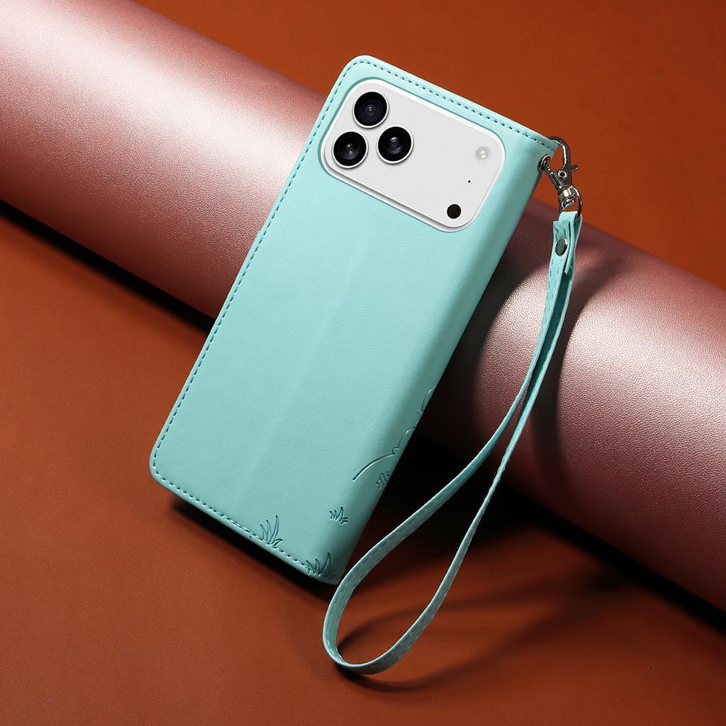 For iPhone 17 Pro Max Case RFID Blocking Imprinted Dog Pattern PU Leather Phone Cover with Wrist Strap