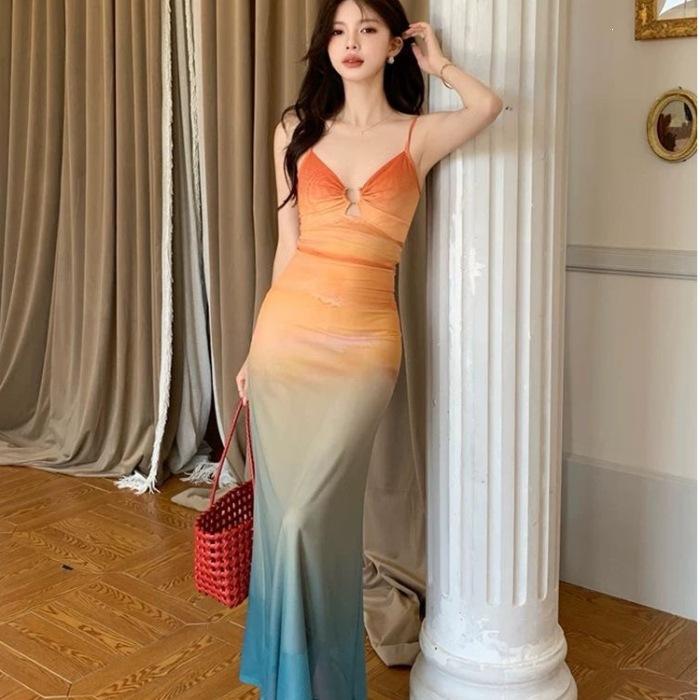 Seaside Vacation Style Temperament Gradual Change Color Suspender Dress Women Summer Travel Sexy Hot Girls Beach Mesh Dress