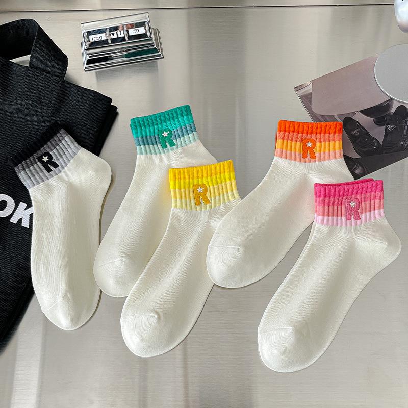Women's Summer Thin Combed Cotton Short Socks and Women's Embroidered Boneless Sports Boat Socks
