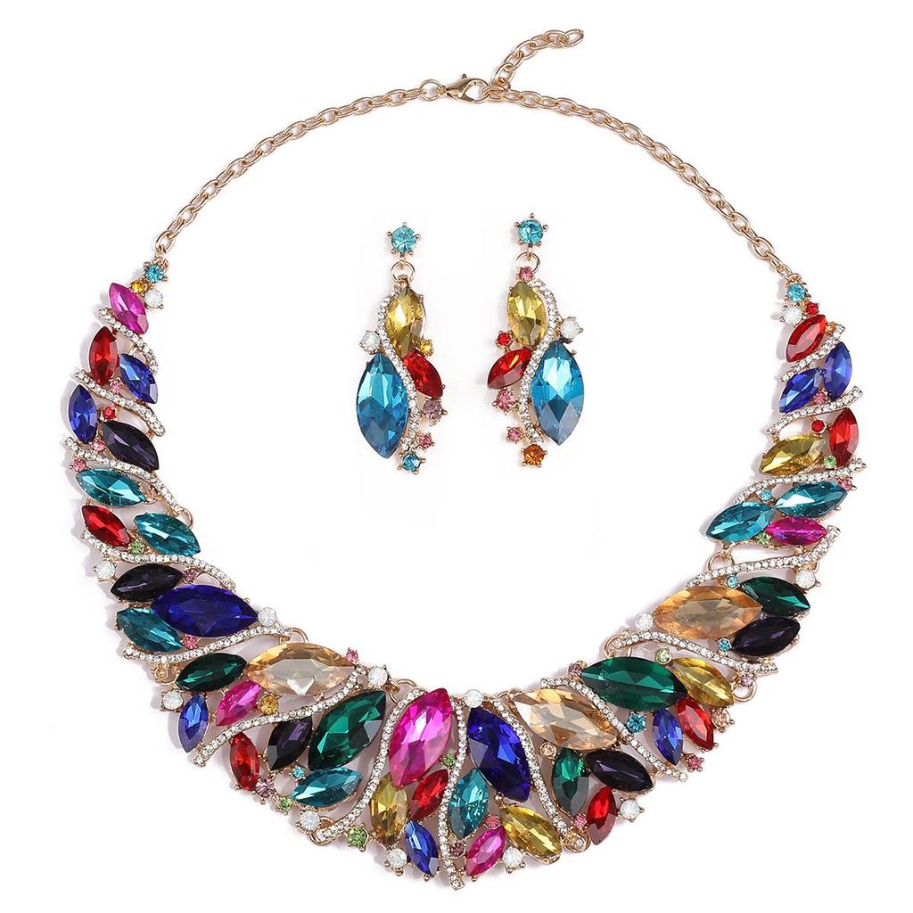 Set de bijuterii rafinat european-american cu strasuri de cristal pentru nunți și seri - Cercei statement și colier