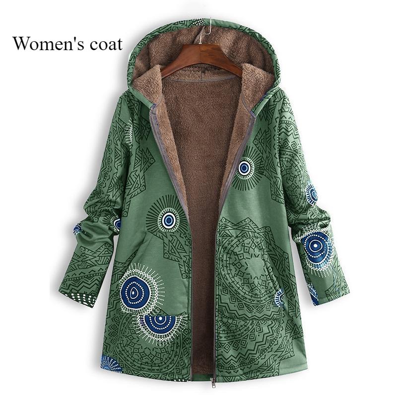 Autumn and Winter New Cotton and Linen Coat Ladies Warm Print Pocket Thick Zipper Hooded Coat