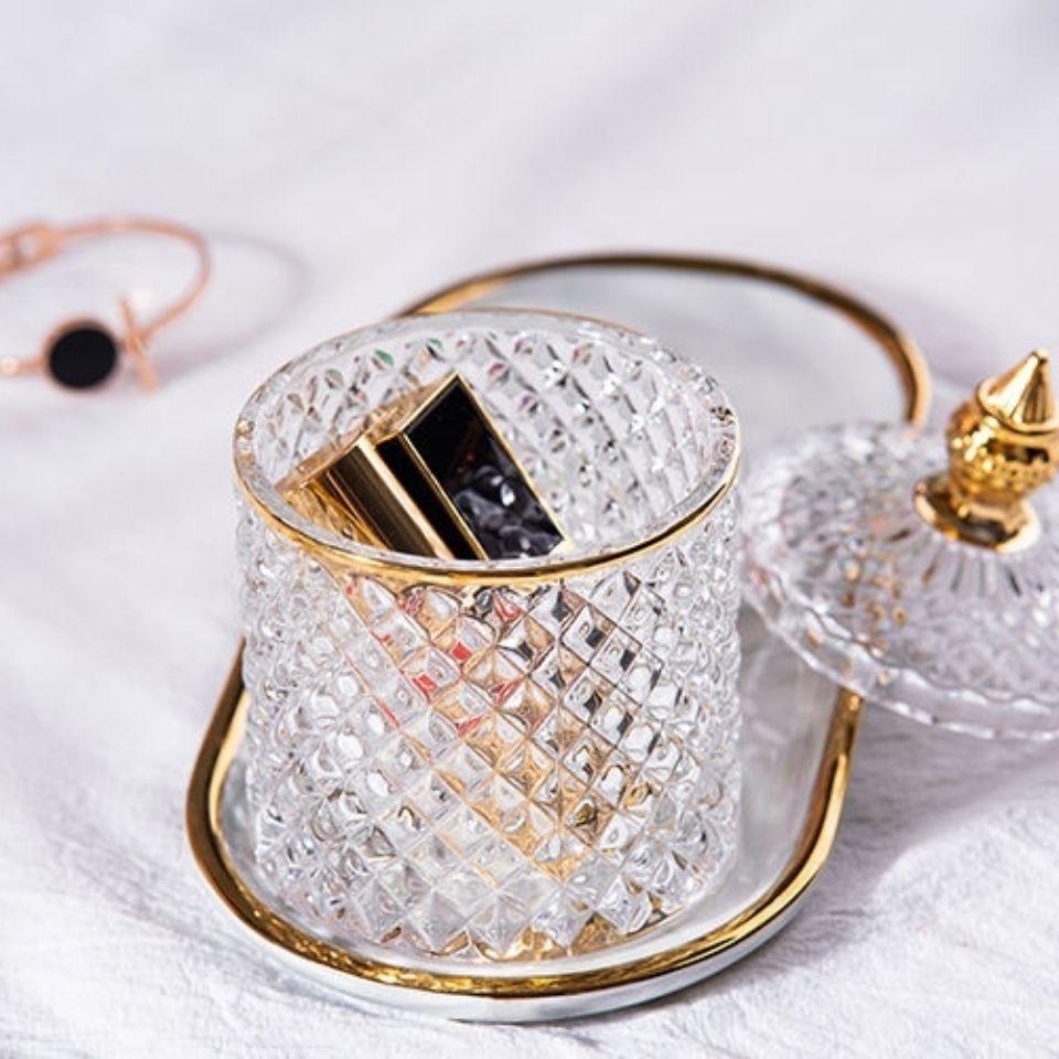 Europäisches Retro-Glas-Aufbewahrungsglas mit Deckel, Transparenter Goldener Schmuck- & Wattestäbchenhalter, Süßigkeiten- & Make-up-Pinsel-Organizer