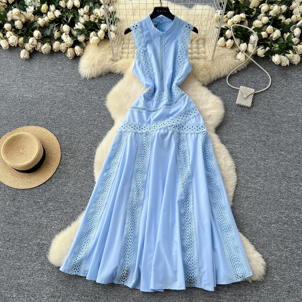 Summer Women Elegant Sleeveless Hollow Out Embroidery Lace Patchwork Long Maxi Slim Party Dresses