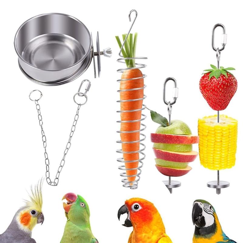 Durability Parrots Feeding Stainless Steel Fruit Fork Feeders with Foraging Cup Food Dish Water Bowl Mounting Accessories