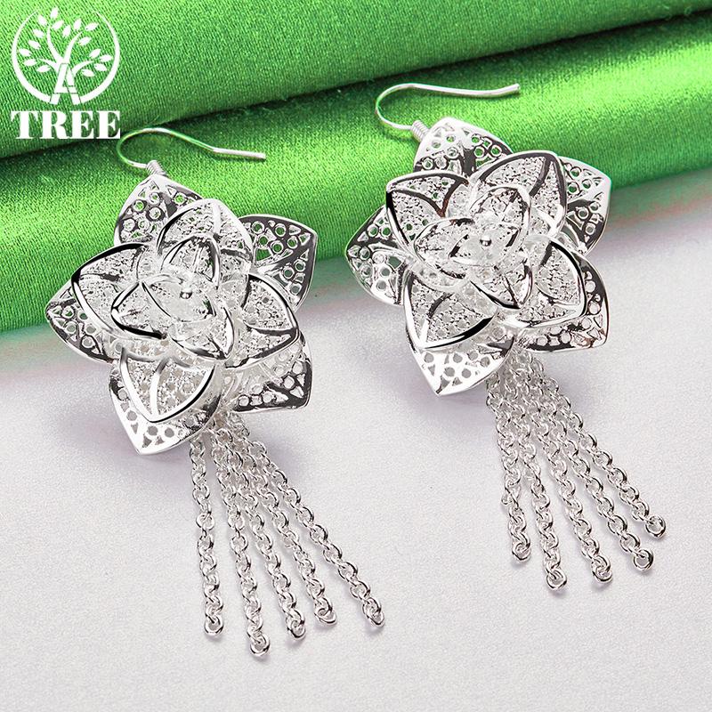Gorgeous Jewelry 925 Sterling Silver Flower Tassel Drop Earrings Women Charm Wedding Engagement Party Gifts Classic Accessories